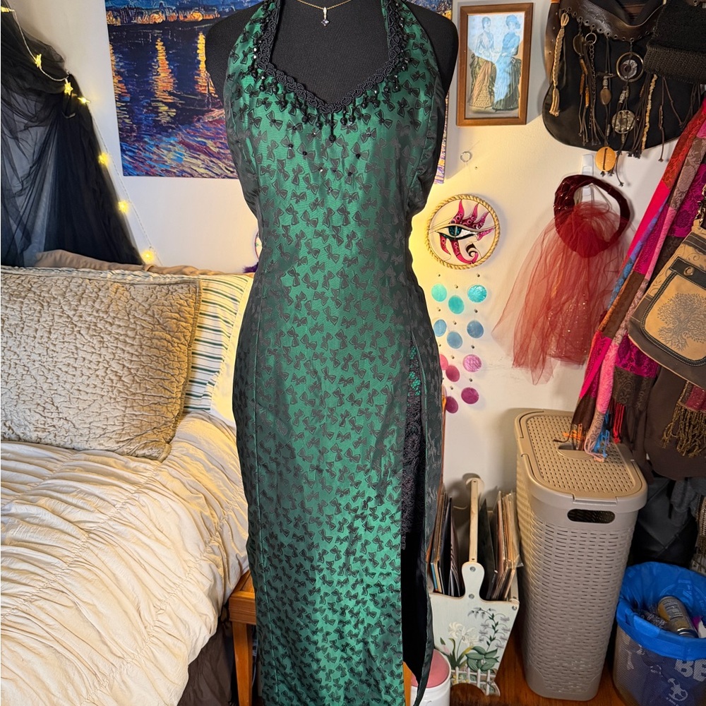 Nadine Piovanetti Vintage Emerald Green Bow Beaded Dress